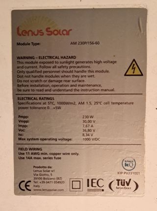 Pannello Modulo Fotovoltaico 230Wp Policristallino