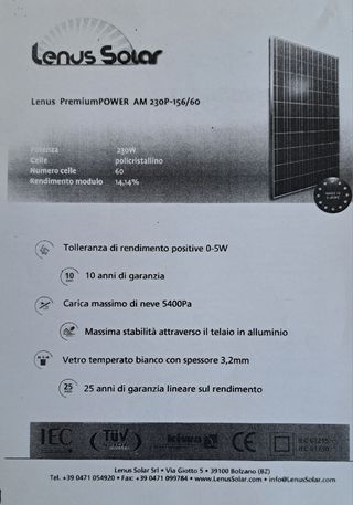 Pannello Modulo Fotovoltaico 230Wp Policristallino