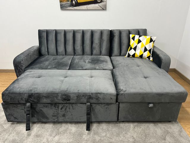 SOFA CHAISELONGUE TERCIOPELO GRIS/NEGRO