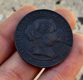 ISABEL II 5 Cent Escudo 1868 Sevilla Resello 1 
