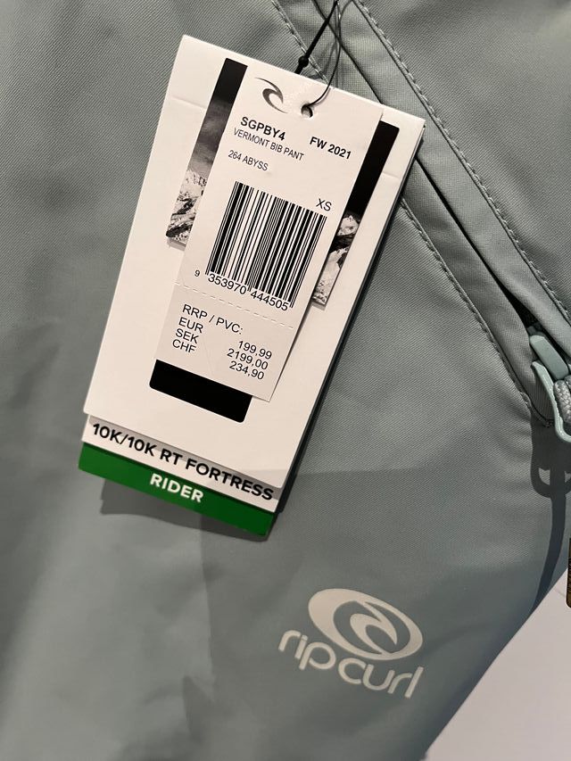 Peto de nieve Ripcurl, verde agua, con etiqueta