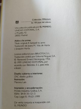 Adiós a las armas. Novela de Ernest Hemingway