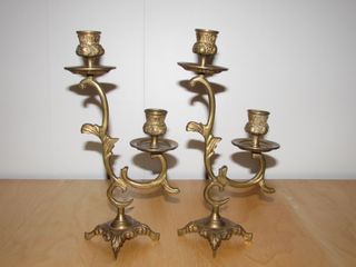 Par candelabros dobles mesa metal bronce latón