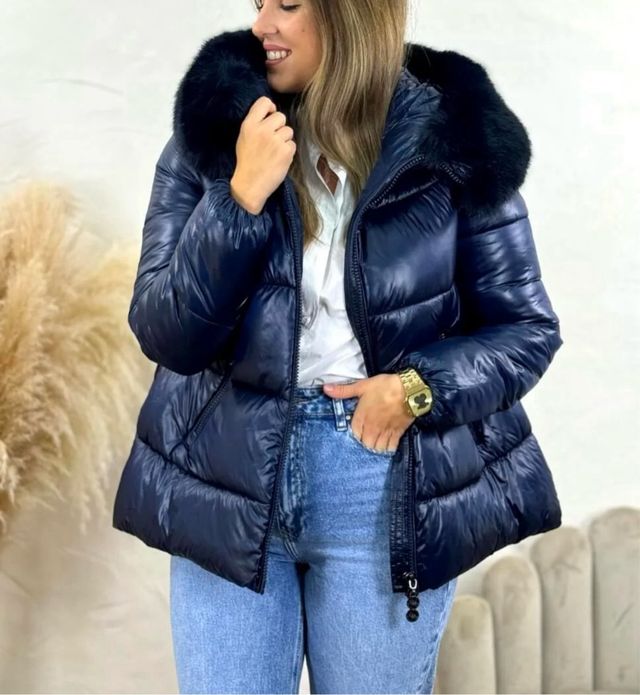 Plumifero Azul Marino Acolchado Capucha Pelo