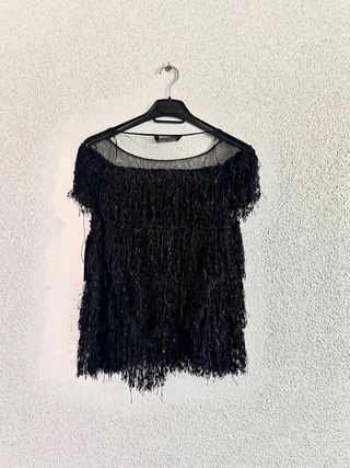 Blusa Negra con Flecos y Transparencias de Zara