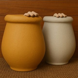 Jarrones mostaza y beige vintage medianos, grandes