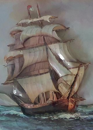 Cuadro clásico decoupage. Galeón en relieve