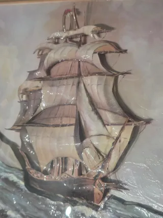 Cuadro clásico decoupage. Galeón en relieve