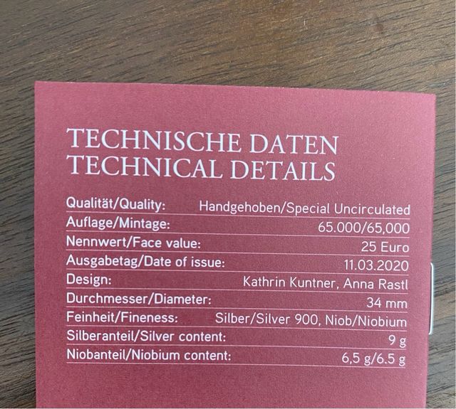 Moneda Austria 25 euros Plata y Niobio 2020
