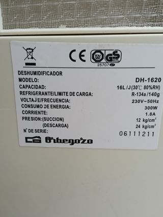 Deshumidificador orbegozo 16 l.