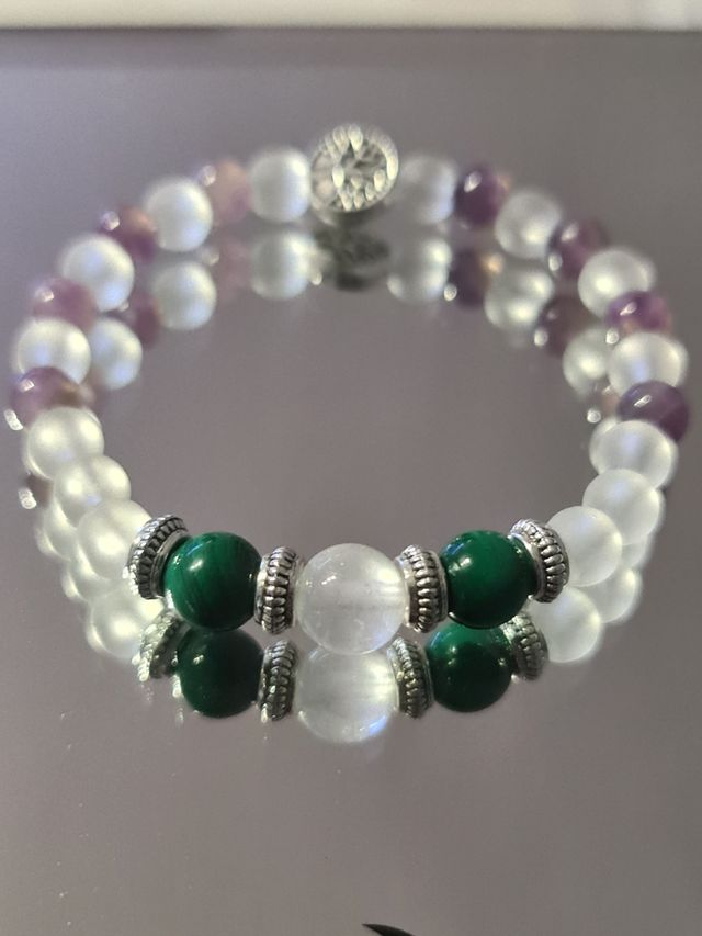 Pulsera Cuarzo blanco y Malaquita. Autenticas