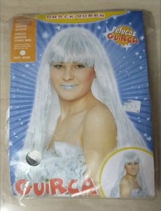 DISFRAZ PELUCA DRACK QUEEN BLANCA Y PLATA. NUEVA