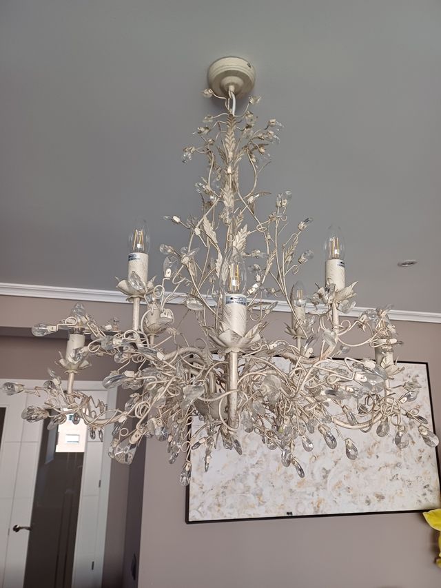 LAMPARA FORJA Y CRISTAL BEIGE 