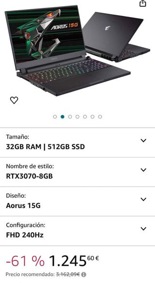 Portatil Gigabyte Aorus 15G XC 512GB i7 FHD Nuevo 