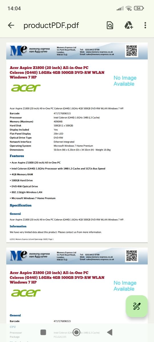 PC fisso Acer Aspire All in One  Z1800