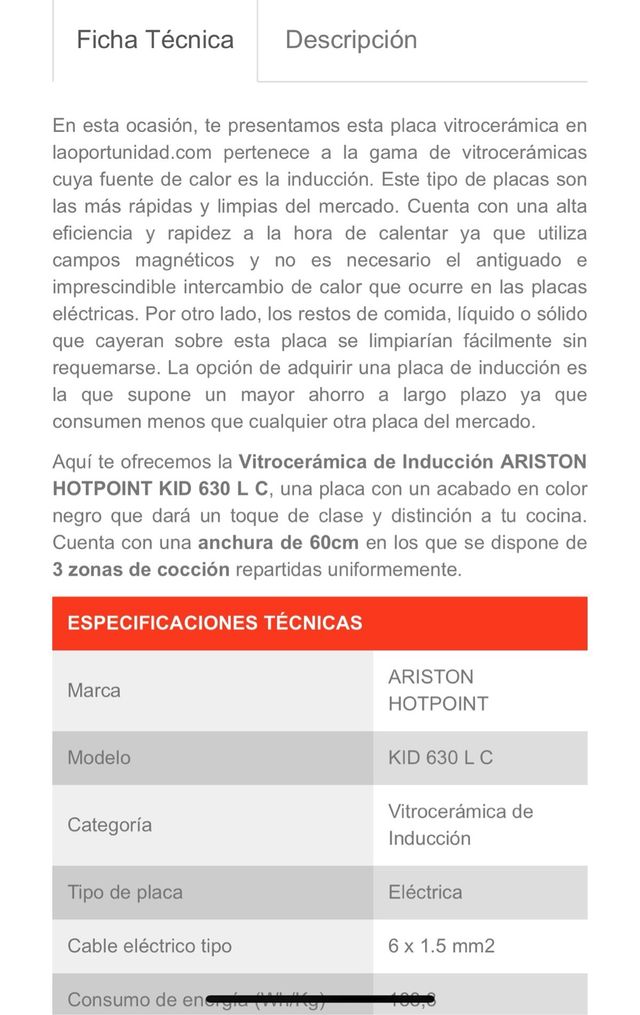 Placa de Inducción HOTPOINT KID 630 L C