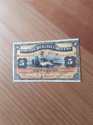 Billete 5 pesos Cuba 1896
