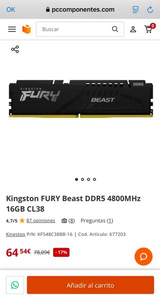 Memoria RAM DDR5 16GB Kingston