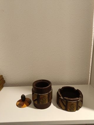 Cigarrera y cenicero madera vintage