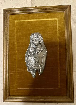 Madonna peltro cornice legno vintage