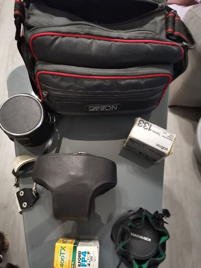 Cámara de fotos, equipo objetivos flash bolsa