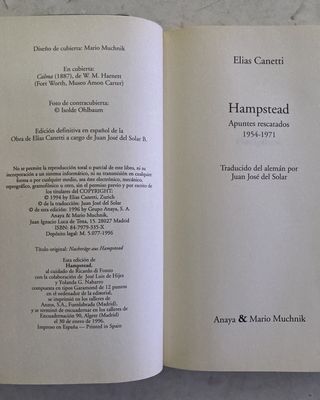 Hampstead, apuntes rescatados 1954-1971, Canetti