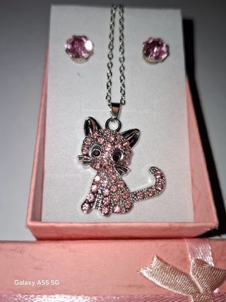 Collana gatto orecchini rosa