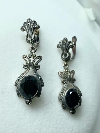 PENDIENTES DE PLATA ANTIGUA ONIX Y MARCASITA