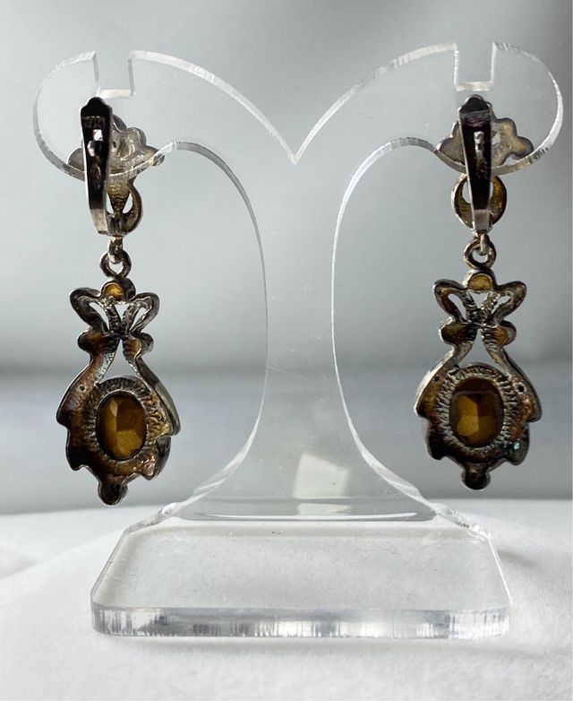 PENDIENTES DE PLATA ANTIGUA ONIX Y MARCASITA