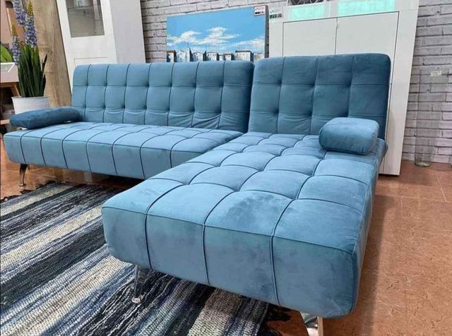 SOFA CAMA AZUL TERCIOPELO