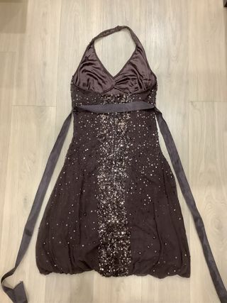 Vestido fiesta seda marron. Tintoretto.