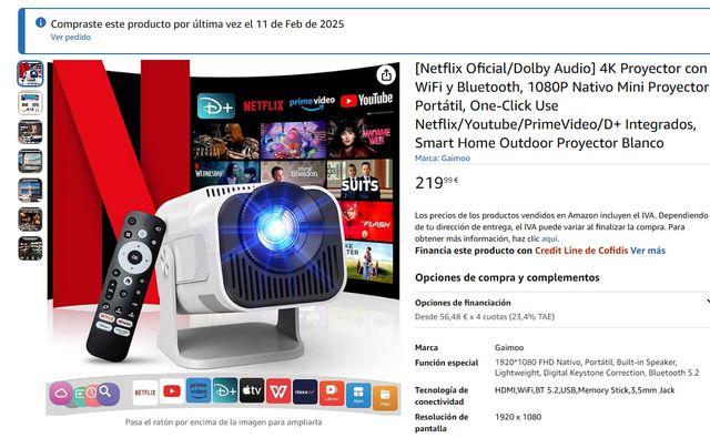 Proyector 4K con WiFi y Bluetooth, Netflix, Dolby