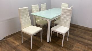 Mesa De Cristal Blanco Extensible con 6 sillas NEW