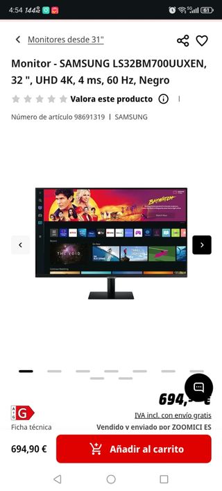 Monitor Smart Samsung LS32BM700UUXEN