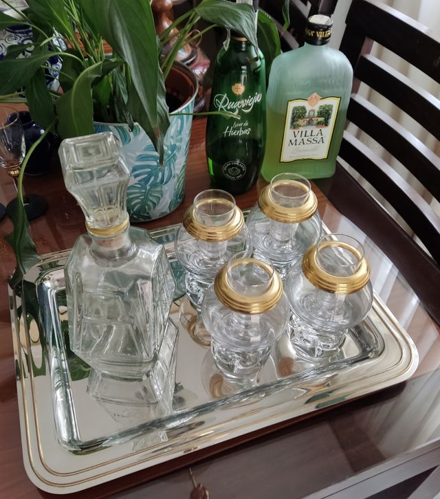 Juego licor copas botella y 1 bandeja