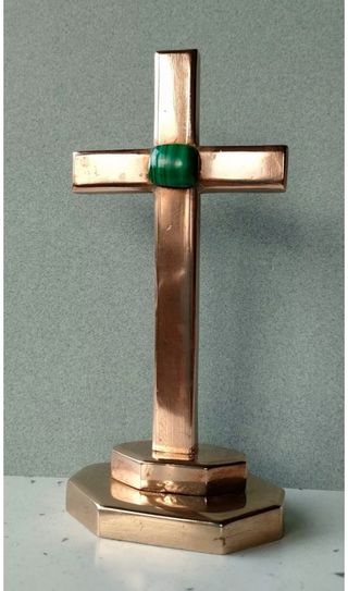 Vecchia croce da tavolo in ottone malach