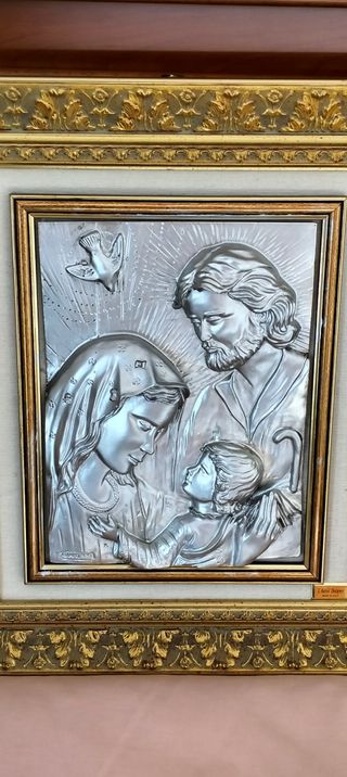CUADRO SAGRADA FAMILIAREPUJADO en PLATA