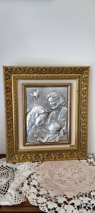 CUADRO SAGRADA FAMILIAREPUJADO en PLATA