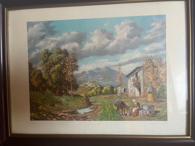 Antiguo cuadro enmarcado escena campestre