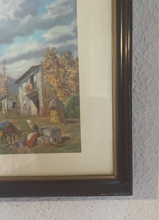 Antiguo cuadro enmarcado escena campestre