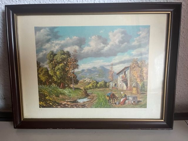 Antiguo cuadro enmarcado escena campestre