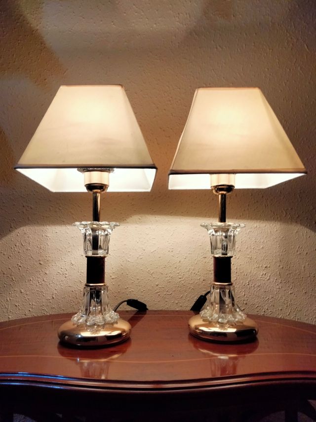 GRANDE COPPIA DI LAMPADE VINTAGE IN CRISTALLO DI BRONZO