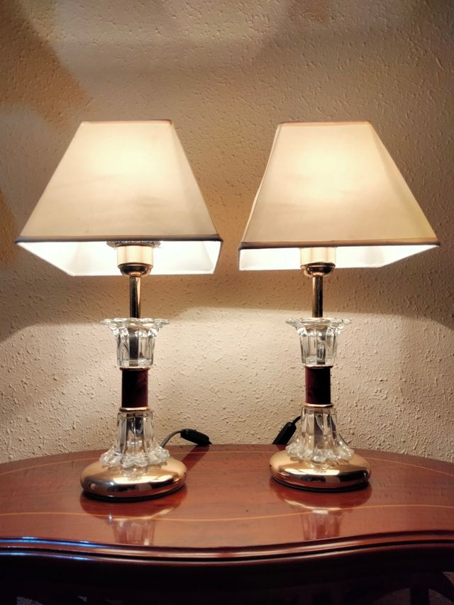 GRANDE COPPIA DI LAMPADE VINTAGE IN CRISTALLO DI BRONZO