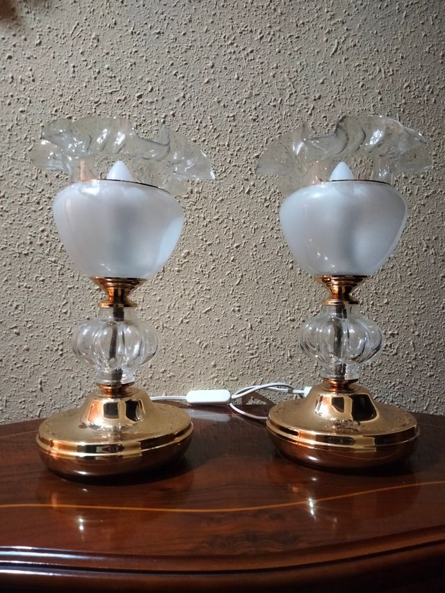 COPPIA DI LAMPADE VINTAGE IN BRONZO E CRISTALLO IMPERO