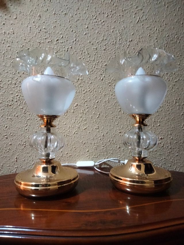 COPPIA DI LAMPADE VINTAGE IN BRONZO E CRISTALLO IMPERO