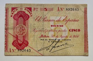 Billete 5 Pesetas 1936 Serie A . BANCO BILBAO 