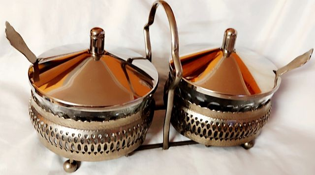 Doble azucarero vintage plateado tazo de cristal