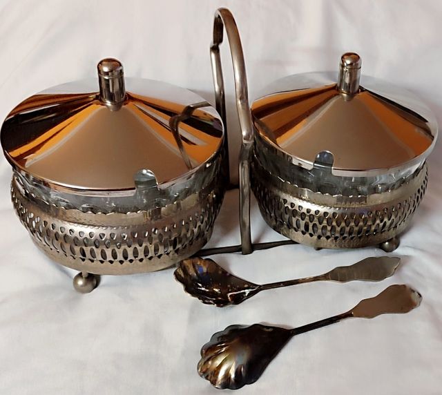 Doble azucarero vintage plateado tazo de cristal