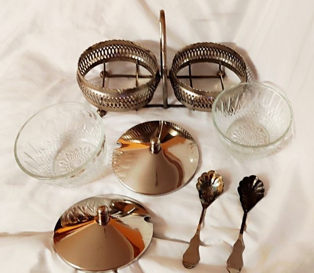 Doble azucarero vintage plateado tazo de cristal