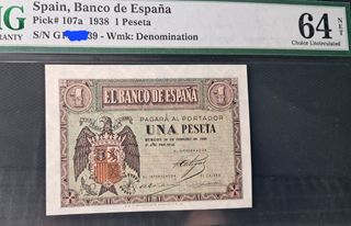 Billete 1 peseta febrero 1938 PMG 64 !serieG!